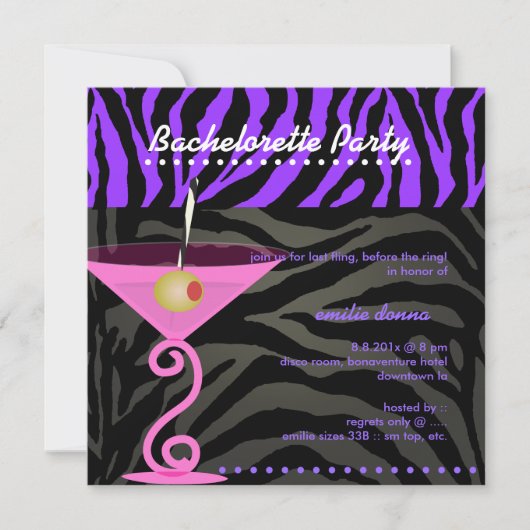Paarse Zebra/roze martini Bachelorette Party Kaart (Voorkant)