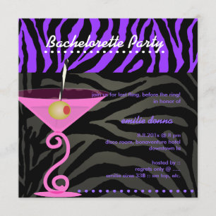 Paarse Zebra/roze martini Bachelorette Party Kaart