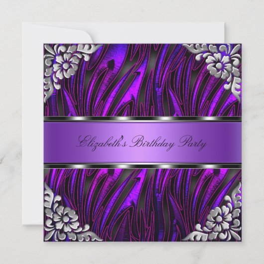 Paarse Zebra Silver Floral Birthday Party Kaart (Voorkant)