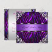 Paarse Zebra Silver Floral Birthday Party Kaart (Voorkant / Achterkant)