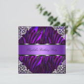 Paarse Zebra Silver Floral Birthday Party Kaart (Staand voorkant)
