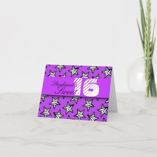 Paarse zebra sterren Sweet 16 Verjaardagskaart Kaart (Voorkant)