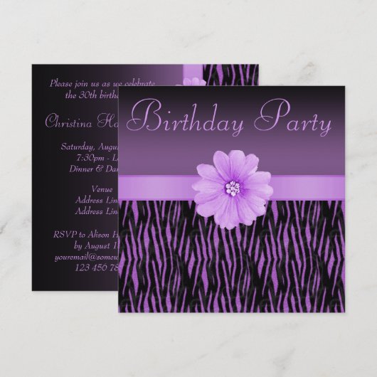 Paarse Zebra Stripes Bling Birthday Party Kaart (Voorkant / Achterkant)