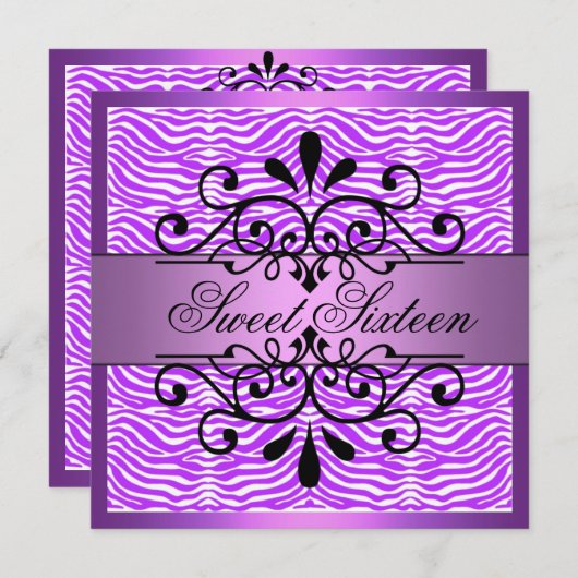 Paarse Zebra Stripes Sweet 16 Verjaardagsuitnodigi Kaart (Voorkant / Achterkant)