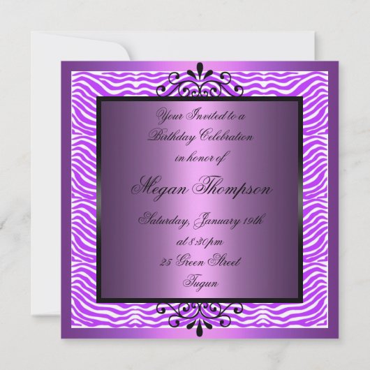 Paarse Zebra Stripes Sweet 16 Verjaardagsuitnodigi Kaart (Achterkant)