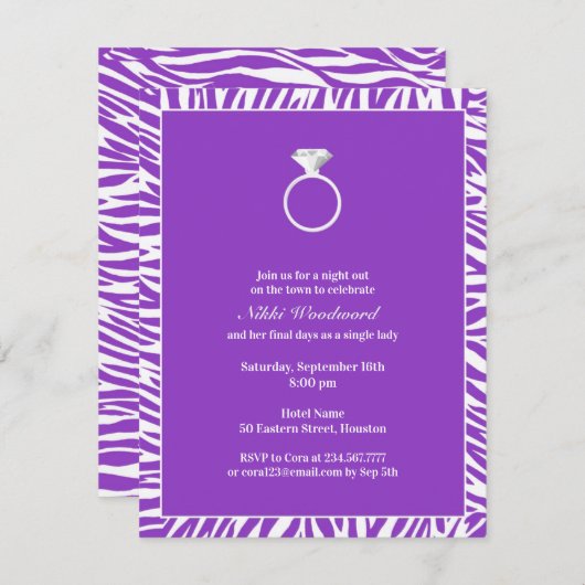 Paarse Zebra vrijgezellenfeest platte uitnodiging (Voorkant / Achterkant)