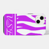 Paarse zebraprint met monogram iPhone hoesje (Achterkant horizontaal)