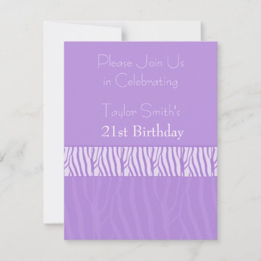 Paarse zebraprint uitnodiging voor 21e verjaardag (Voorkant)