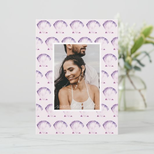 Paarse Zee Shell Waterverf Foto & QR Save The Date (Staand voorkant)