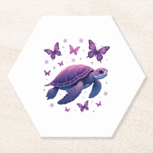 Paarse - Zee Turtle Butterfly T-shirt Kartonnen Onderzetters (Voorkant)