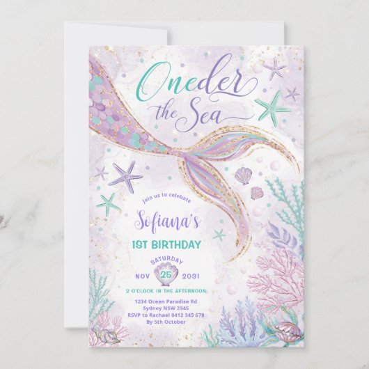 Paarse Zeemeermin 1e Verjaardag Oneder het Zee Fee Kaart (Voorkant)