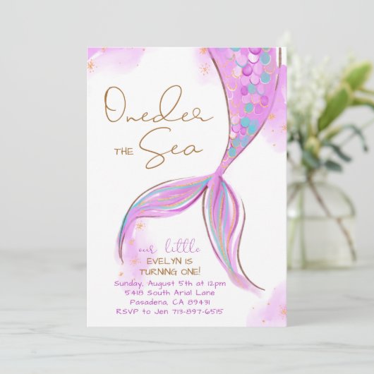 Paarse Zeemeermin 1e Verjaardagsfeestje ONEder Het Kaart (Staand voorkant)