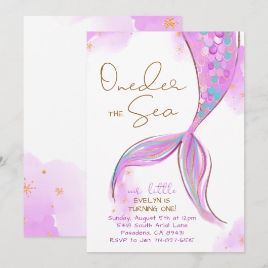 Paarse Zeemeermin 1e Verjaardagsfeestje ONEder Het Kaart (Voorkant / Achterkant)
