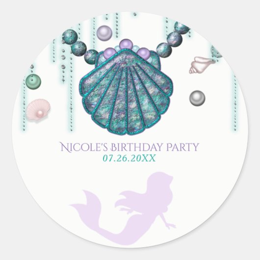 Paarse Zeemeermin Beach Bling Birthday Party Favor Ronde Sticker (Voorkant)