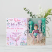 Paarse Zeemeermin Duik in Vijf 5e Verjaardag Foto Kaart (Staand voorkant)