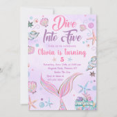 Paarse zeemeermin duik in vijf 5e verjaardag kaart (Voorkant)