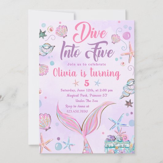 Paarse zeemeermin duik in vijf 5e verjaardag kaart (Voorkant)