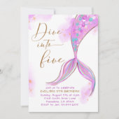 Paarse zeemeermin duik in vijf 5e verjaardagsfeest kaart (Voorkant)