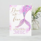 Paarse zeemeermin duik in vijf 5e verjaardagsfeest kaart (Staand voorkant)