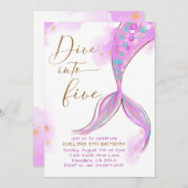 Paarse zeemeermin duik in vijf 5e verjaardagsfeest kaart (Voorkant / Achterkant)