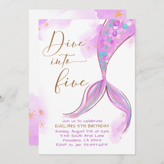 Paarse zeemeermin duik in vijf 5e verjaardagsfeest kaart (Voorkant / Achterkant)