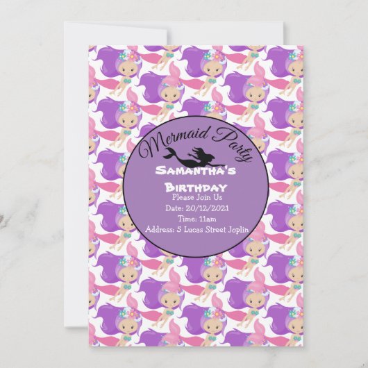 Paarse Zeemeermin Feest Roze Uitnodiging (Voorkant)
