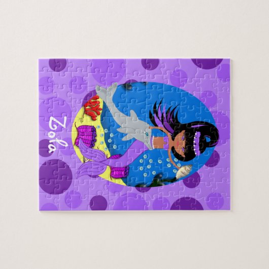 Paarse zeemeermin in de oceaan met een dolfijn legpuzzel (Horizontaal)