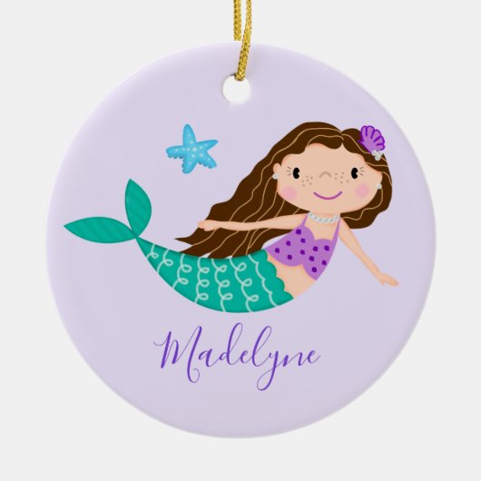 Paarse Zeemeermin Kerst Script Naam Keramisch Ornament (Voorkant)