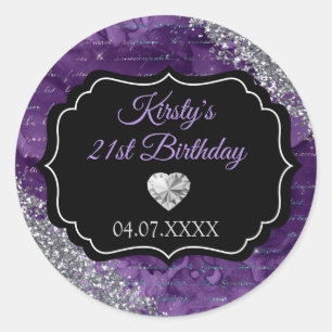 Paarse Zeemeermin Letters Zilver Glitter Verjaarda Ronde Sticker