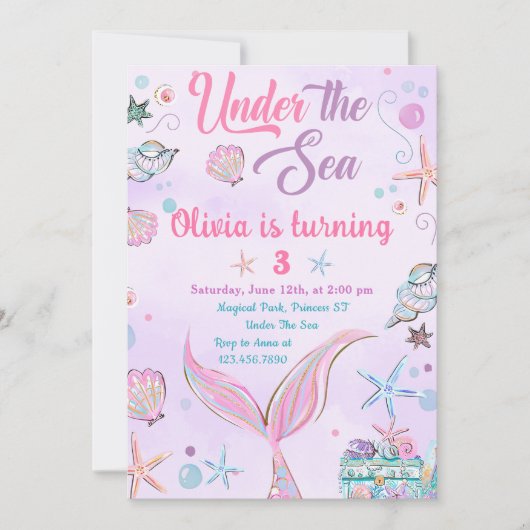 Paarse zeemeermin onder de Zee verjaardagsuitnodig Kaart (Voorkant)
