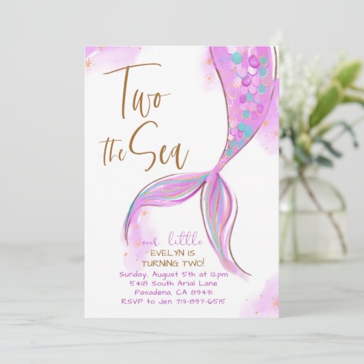 Paarse Zeemeermin Party Twee Het Zee 2e Verjaardag Kaart (Staand voorkant)