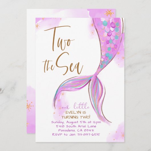 Paarse Zeemeermin Party Twee Het Zee 2e Verjaardag Kaart (Voorkant / Achterkant)