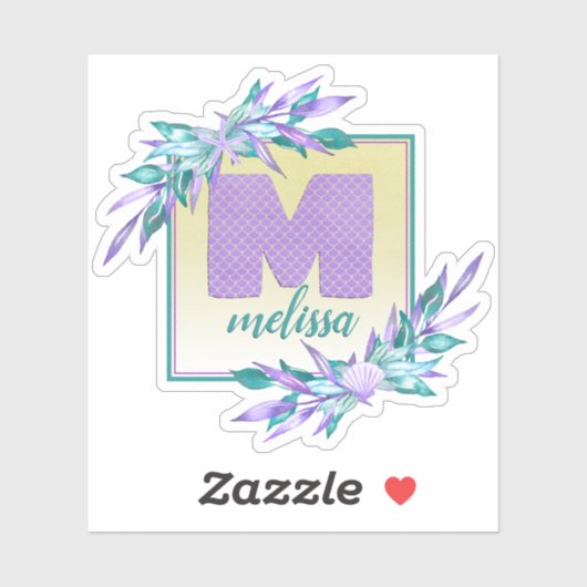 Paarse Zeemeermin Schalen Waterverf Bloemen Monogr Sticker (Vel)