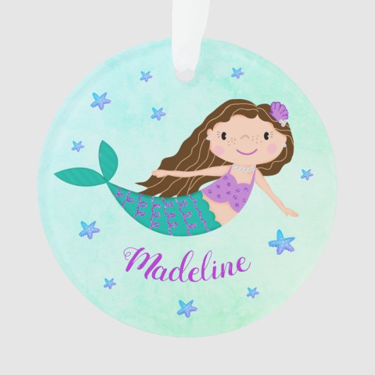 Paarse Zeemeermin Script Naam Aqua Ornament (voorkant)