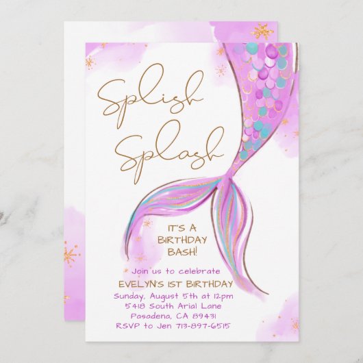Paarse Zeemeermin Splish Splash Meisje Verjaardag Kaart (Voorkant / Achterkant)