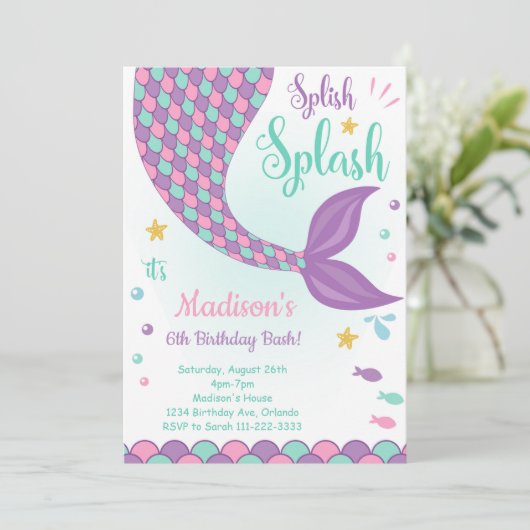 Paarse zeemeermin staart onder het Zee Verjaardag  Kaart (Staand voorkant)