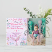 Paarse Zeemeermin staart Verjaardag Foto Uitnodigi Kaart (Staand voorkant)