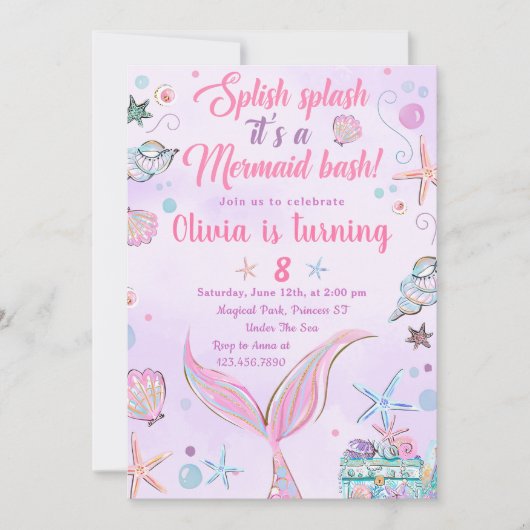 Paarse Zeemeermin staart verjaardagsfeestuitnodigi Kaart (Voorkant)