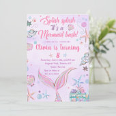 Paarse Zeemeermin staart verjaardagsfeestuitnodigi Kaart (Staand voorkant)