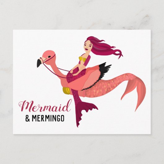 Paarse Zeemeermin & Stomme Roze Flamingo BFF Mermi Briefkaart (Voorkant)