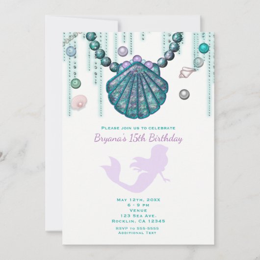 Paarse zeemeermin strand verjaardagsfeestje uitnod kaart (Voorkant)