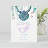Paarse zeemeermin strand verjaardagsfeestje uitnod kaart (Staand voorkant)