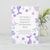 Paarse zeemeermin thema verjaardagsfeestje kaart (Staand voorkant)