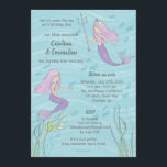 Paarse Zeemeermin Tweeling of Zussen Verjaardag Kaart<br><div class="desc">Paarse zeemeermin tweeling (of zussen!) op een golvende aqua blauwe achtergrond versieren de voorkant van deze sprookjesachtige verjaardagsuitnodiging. Op de achterkant vind je een leuke paarse kwal en ruimte voor een foto en personalisatie. Dit zoete ontwerp zal zeemeermin fans van alle leeftijden bekoren en kan worden gebruikt voor tweeling of...</div>