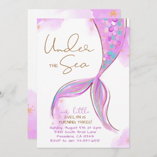 Paarse Zeemeermin Verjaardag onder het Zee Party Kaart (Voorkant / Achterkant)