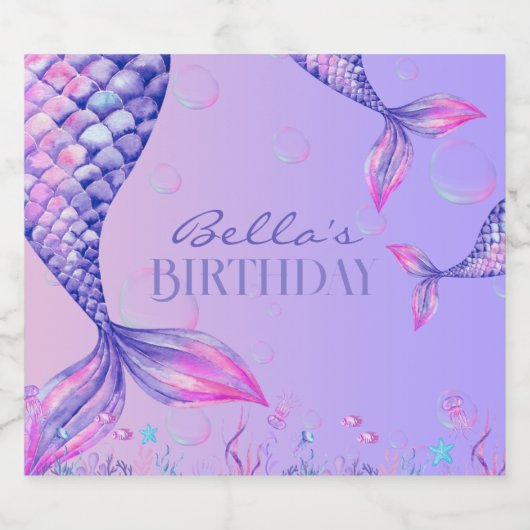 Paarse zeemeermin verjaardagsfeestje Drinken label Sparkling Wijnetiket (Enkel label)