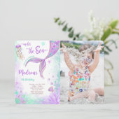 Paarse Zeemeermin Verjaardagsfoto Uitnodiging (Staand voorkant)