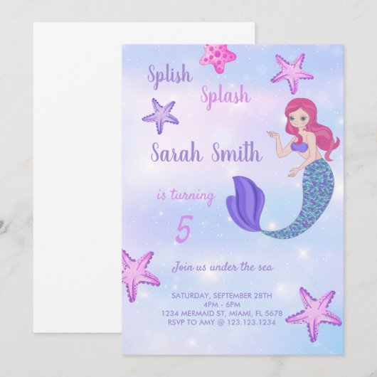 Paarse Zeemeermin verjaardagsuitnodiging Kaart (Voorkant / Achterkant)