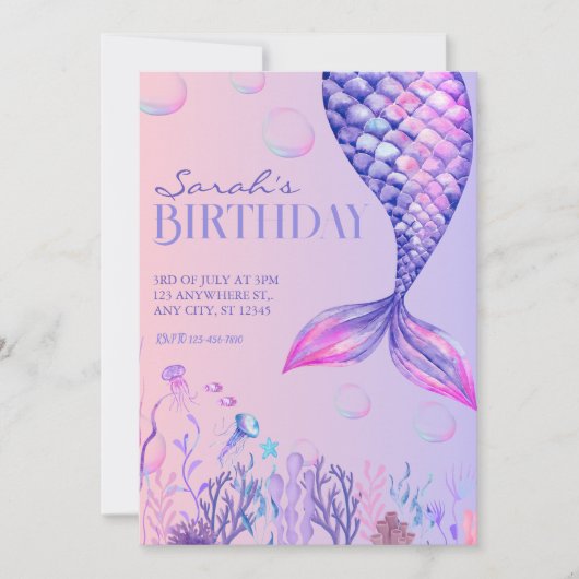 Paarse Zeemeermin Verjaardagsuitnodiging Kaart (Voorkant)