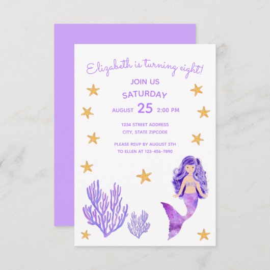 Paarse Zeemeermin Verjaardagsuitnodiging Kaart (Voorkant / Achterkant)